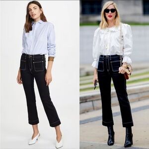 Khaite Raquel High Rise Patch Pocket Flare Cropped Jeans - Black w/ White Stitch
